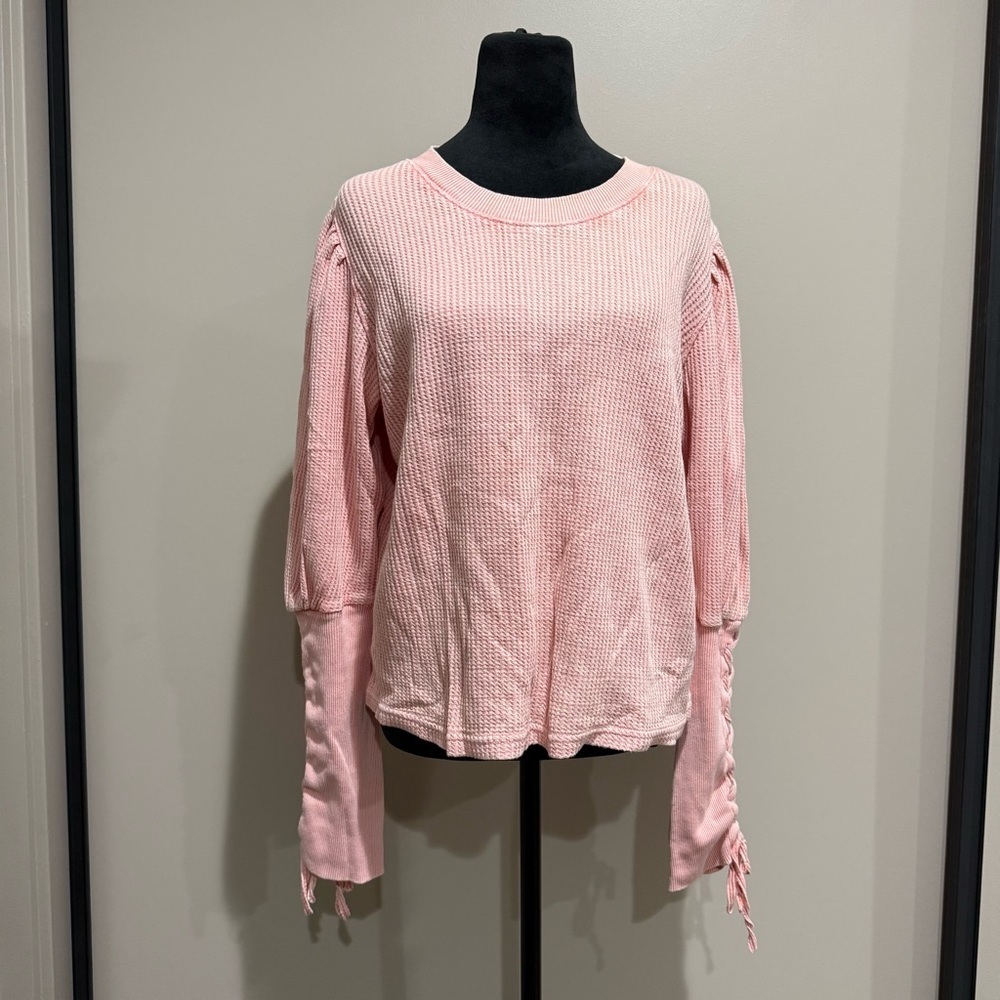 Free People Tasha Waffle Knit Thermal Top in Pastel Pink
